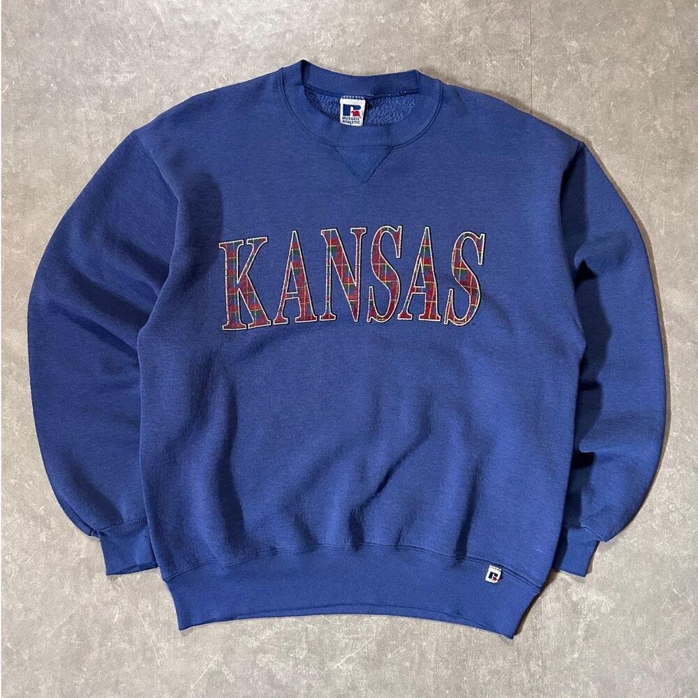 90's Vintage Kansas Jayhawks Plaid Blue Crewneck -L
